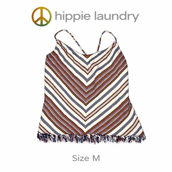 Hippie Laundry Boho Chevron Fringe Tank Top Size M 100% Cotton Striped Festival - Picture 1 of 7